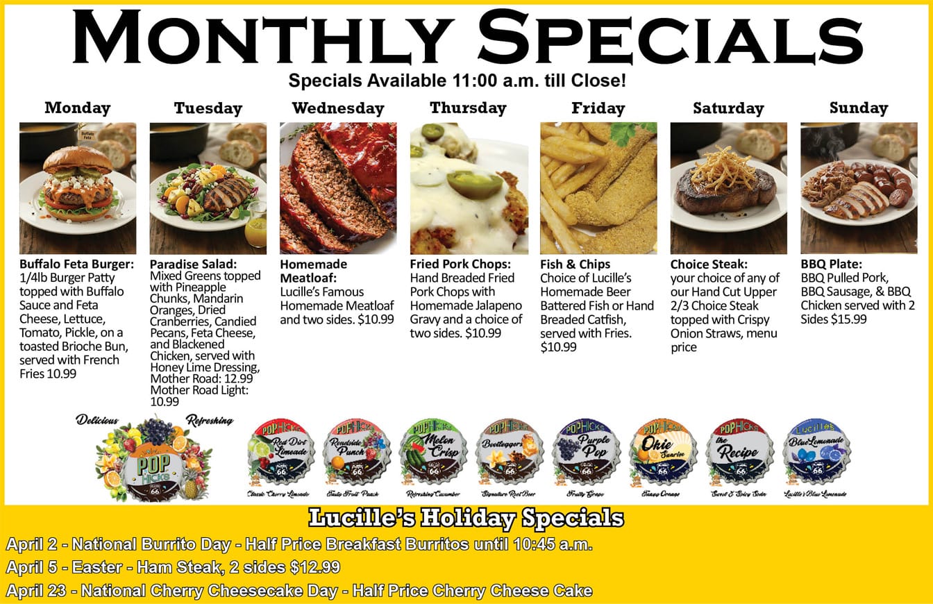 Lucille's Roadhouse March monthly specials menu featuring deals and promotions in Weatherford Oklahoma