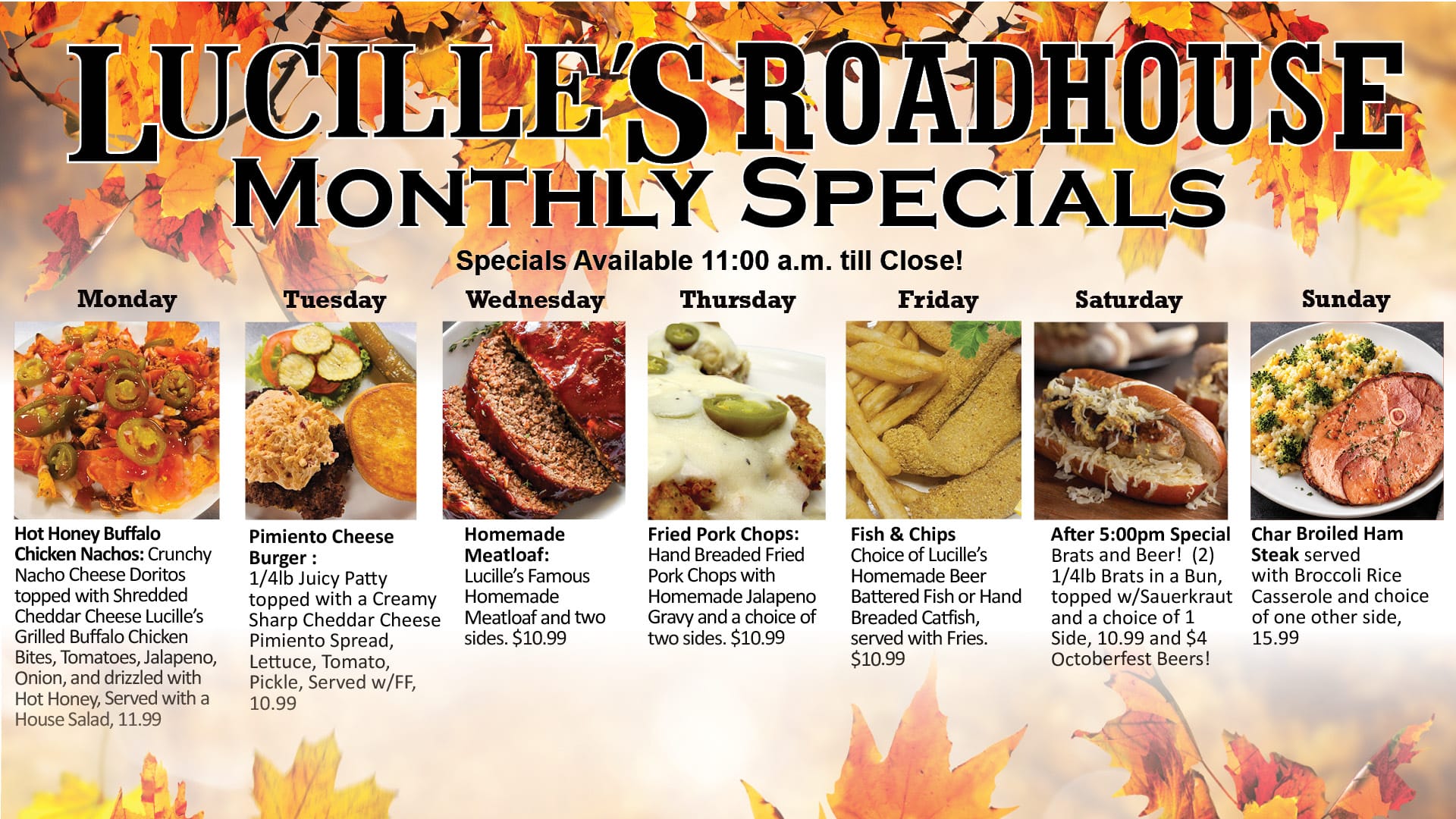 Lucille's Roadhouse March monthly specials menu featuring deals and promotions in Weatherford Oklahoma